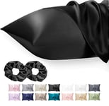 Seiwohl Satin Silk Pillowcases for Hair and Skin Black Silk Pillowcase 2 Pack with Hair Silk Scrunchies for women, Cooling Pillow cases with Envelope Closure, Standard Size 50x75 cm