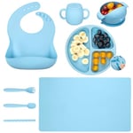 Auton Service de vaisselle 7 pièces en silicone avec ventouse, sans BPA, assiettes avec ventouse, bavoir, cuillère, fourchette, vaisselle