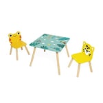 Janod - Table et 2 Chaises en Bois Tropik - Mobilier Pour Enfant - Table 55 x 55 cm, Chaise Grenouille et Chaise Jaguar - Peinture à l'Eau - Dès 3 Ans, J08273
