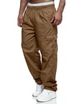 VANVENE Mens Cargo Work Trousers Lightweight Cotton Casual Jogger Elastic Waist Drawstring Outdoor Pants with Pockets Dark Khaki