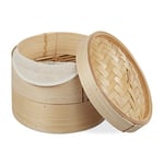 Relaxdays cuiseur vapeur bambou, panier asiatique avec 2 étages, pour Dim Sum, riz, bamboo steamer, Ø 20,5 cm, nature