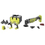 Ryobi R18PD3RID-215S 18V ONE+ Cordless Combi Drill and Impact Driver Starter Kit (2X 1.5Ah) Amazon Exclusive & ONEPlus R18MT-0 18V Cordless Multi tool (Zero tool), Hyper Green