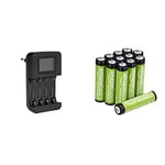 Amazon Basics Chargeur de Piles numérique et Intelligent, pour 4 Piles AA, AAA & Piles Rechargeables AAA, Pré-Chargées - Lot de 12