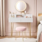 VASAGLE Coiffeuse avec Miroir Pivotant et Taboutret, Miroir Coiffeuse, avec Éclairage et Multiprise, Tabouret Rembourré, pour Chambre, Coiffeuse, 40 x 80 x 134,8 cm, Blanc Mat et Doré Clair RVT019W01