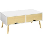 HOMCOM Table Basse de Salon rectangulaire avec 2 tiroirs et 1 Compartiment Ouvert 4 Pieds inclinés Bois - 90 x 48 x 39 cm - Blanc et Naturel