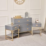 Large 3 Drawer Chest Of Drawers And Pair Of Bedside Tables - Elle Slate Range