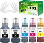 102 Encre Compatible avec Epson 102 Bouteille d'encre Multipack pour ET-2856 ET-4856 ET-2850 ET-15000 ET-2700 ET-2750 ET-2751 ET-2756 ET-2851 ET-3700 ET-3750 ET-4750(5-Pack,2BK/C/M/Y)(Q1079)