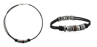 Fossil Homme Bijoux JF84068040 Homme Bracelet en cuir noir et perles en acier inoxydable JF84196040