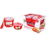 Sistema Microwave Rice Cooker (2.6L) & Round Microwave Food Container (915ml) Set | 2 Count & Heat & Eat Microwave Containers | Stackable Lunch Boxes with Clip-Close Lids | Red/Clear | Pack of 3