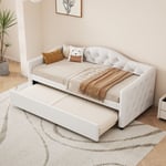 Lit banquette 90x200cm + lit gigogne 90x190cm - capitonné en tissu lin - Beige (matelas non inclus)