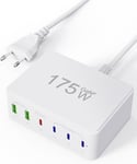 175W Usb Chargeur Multiple, Gan Chargeur Usb C Rapide 100W Chargeur Type C 6 Port Station De Charge Usb C Adaptateur Secteur Pour Macbook Pro/Air, Iphone 15 14 13 Pro Max,Ipad,Galaxy-Blanc