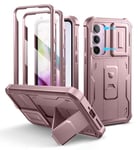 Dexnor pour Coque Samsung Galaxy A55【Double Cadre Avant et Support】 avec CaméRa Coulissante Intégrée & Protecteur d'écran, Coque de Protection Robuste Résistante Aux Chocs - Poudre Pivoine