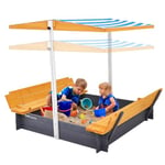 VEVOR Bac à sable en bois naturel avec auvent, 1455 x 1200 x 1200 mm, bac à sable avec banquettes pliables et doublure inférieure, pour jardin extérieur, plage, parc, cadeau pour enfants de 3 à 12 ans