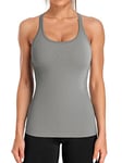 ATTRACO Ladies Gym Top Womens Running Vest Workout Tank Tops with Built in Bras Shirts Sport Vest Yoga Tops Grey S