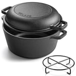 Velaze 2 in 1 Camping Dutch Oven with Skillet lid, Cast Iron Pot with Griddle Pan,Dutch Oven Pot for Camping Cooking Baking 4.7L