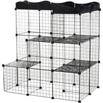 Pawhut - Cage parc enclos chat modulable dim. L105 x l70 x H105 cm 3 niveaux 2 portes rampe plateformes pe motif graphique fil métallique noir