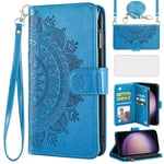 Asuwish Phone Case for Samsung Galaxy S23 Plus S23+ 5G Wallet Flip Cover with Tempered Glass Screen Protector and Mandala Flower Card Holder Cell TPU S23plus 23S + S 23 23+ SM-S916U 6.6 inch Blue