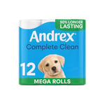 Andrex Complete Clean Toilet Tissue; 12 Mega Toilet Rolls = 18 Standard Loo Rolls with Unique 3D Wave Texture for a Proven, Effective Clean (Previously Andrex Classic Clean)