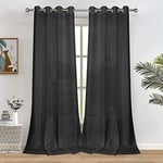 Melodieux 2 Panel Faux Linen Voile Net Curtains, Protects from UV Rays, Noise Reduction, Semi Sheer Ring Top Drapes for Bedroom, Living Room, Window - Black, 55 x 89 inch drop (140 x 225cm)