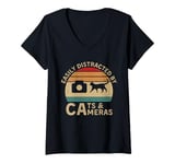 Womens Easily Distracted By Cameras & Cats Retro Funny Photographer V-Neck T-Shirt