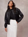 Mint Velvet Leather Bomber Jacket, Black