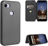 Compatible Avec Coque Google Pixel 3a Xl, Mince Flip Fibre De Carbone [Test De Chute] Antichoc Stand Fente Avec Carte, Protecteur D'écran En Verre Trempé*2-Noir