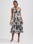 Hobbs Viola Floral Midi Flared Dress, Black/Ivory