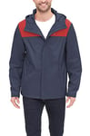 Tommy Hilfiger Men's Legacy Lightweight Breathable Waterproof Hooded Rain Jacket Raincoat, Navy/Red Colorblock, S