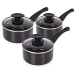 Tower T81507 Essentials Induction Pot Set, Non Stick Ceramic Coating, Easy to Clean, Dishwasher Safe, Black, 3 Piece, 16/18/20 cm