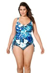 TruYou Femme Grandes Tailles Maillot de Bain à Bonnets Souples et imprimé Feuilles de Palmier. Laçage sur Le côté Bleu 60C 200673729-60C