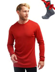 Chemise Homme Manches Longues en Laine Mérinos 100% - Chaud Merino Haut Thermique Homme + Chaussettes de randonnée en Laine mérinos (Large, 250 Cherry Red)