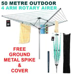 ROTARY AIRER 4 ARM 50M OUTDOOR CLOTHES GARDEN WASHING LINE DRYER SPIKE & COVER