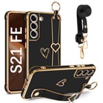 GUAGUA Coque Samsung Galaxy S21 FE 5G avec Cordon et Bracelet comme Support,Coque Arrière en TPU Souple avec Motif Coeur,Housse Etui de Protection Antichoc avec Collier Réglable,Case Noir