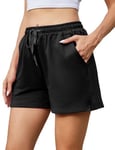 Jezonga Short Sport Femme Short de Sport Femme Bas de Survêtement Couleur Unie Short de Course à Pied Short Décontracté Femme Taille Haute avec Poches pour Yoga Sport Jogging Fitness Running Noir S