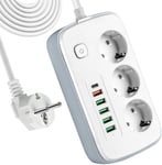 Multiprise Electrique, Bloc MultipriseMultiprise Parasurtenseur, Parafoudre Multiprise avec Interrupteur, 3 Prises Outlet + 6 Ports USB, 2M Rallonge Multiprises, Sécurité Enfant, Blanc