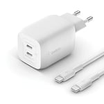 Belkin chargeur secteur double port USB-C 65 W, chargeur rapide Power Delivery 3.0 avec technologie GaN pour iPhone 15, iPhone 14, iPad Pro, MacBook, Galaxy S23, Pixel, etc., (câble USB C-C inclus)