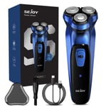 Rasoir Electrique Sejoy Hommes Sans Fil 3d Têtes Rotatives, Rechargeable Pop-Up Tondeuse Barbe Avec Écran Lcd, 1h Charge Rapide - Bleu