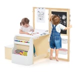 DREAMADE Table à Dessin en Bois Enfant 3+Ans avec Banc&Tableau Enfant,Chevalet Enfant Double Face avec Table d’Art&Bibliothèque&Porte-Rouleau de Papier&Marqueur (Blanc,avec Chevalet)