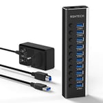 RSHTECH 36W Hub USB 3.0 Alimenté à 10 Ports Aluminium Multiprise USB 3.0 avec 12V / 3A Alimentation Externe Multi Port Hub USB avec Commutateurs Individuels et Indicateur LED (RSH-A10)