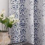 84 Inch Length Navy Blue Pattern Curtains for Living Room 2 Panel Set Grommet Damask Medallion Print Textured Grey Cream White Jacquard 50% Blackout Darkening Window Curtain Drapes for Bedroom