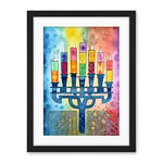 Artery8 Jewish Menorah Candles Multicolour Folk Art Watercolour Painting Artwork Framed Wall Art Print 18X24 Inch