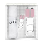 JE T'AIME Eau Suprême Coffret pour Femme Eau de Parfum 100 ml + Miniature 10 ml + Serviette Éponge Vaporisateur Spray Parfum Cadeau • EVAFLORPARIS