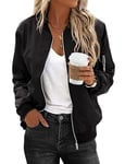 Zeagoo Veste bomber décontractée courte pour femme - Manches longues - Fermeture éclair - Solide - Léger - Automne - Printemps, Noir, XXL