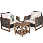 Salon de Jardin Rotin Marron - Fauteuils et Table Basse Bois Acacia - Coussins Lavables - Accoudoirs