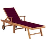 Helloshop26 - Transat chaise longue bain de soleil lit de jardin terrasse meuble d'extérieur avec coussin rouge bordeaux bois de teck solide