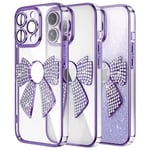 IMEIKONST Luxury Glitter Case Compatible with iPhone 13 Pro, Bling Shining Diamond Bow Design Camera Protector Shockproof Soft TPU for Girls Women Cover for iPhone 13 Pro. Purple KDH