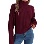 High Neck Sweater Solid Color Sweaters Knit Tops For Autum Winter Wine Red L