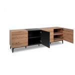 Buffet Bas / Meuble TV NOLA - Décor chene et noir - 4 portes - L 200 x P 42 x H 65 cm