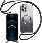 Couqe Magnétique Pour Iphone 12 Pro Con Cordon, Compatible Avec Magsafe, Brillant Glitter Pailleté Antichoc Durable Résistante Etui Soft Tpu Bumper Housse Pour Iphone 12 Pro , Noir