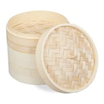 Relaxdays cuiseur vapeur bambou, panier asiatique avec 3 étages, pour Dim Sum, riz, bamboo steamer, Ø 24 cm, nature